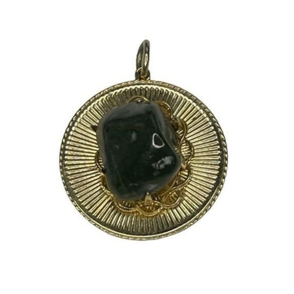 Vintage Agate Pendent Green Stone Gold Plated Metal Necklace Charm